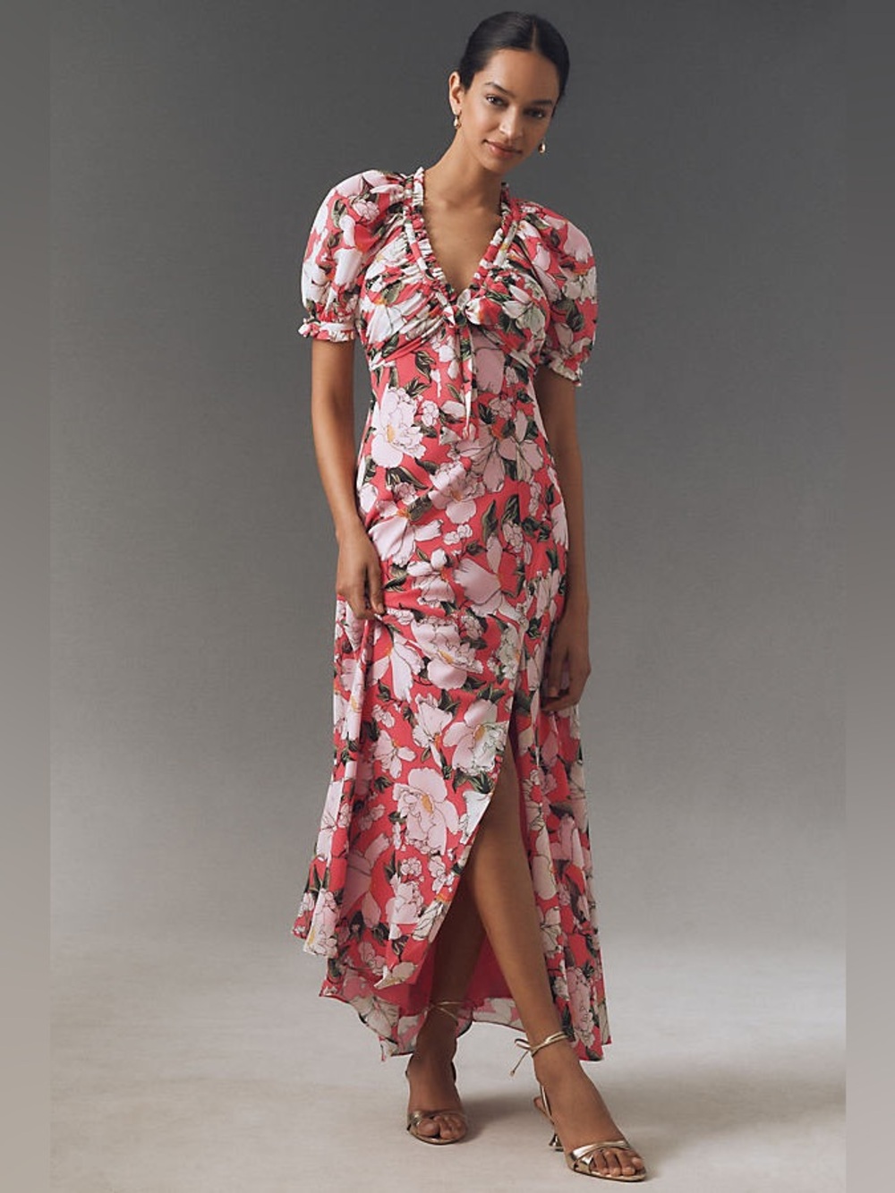 BHLDN Puff-Sleeve Bow-Front V-Neck Maxi Dress Size 4 Floral Pink Bloom